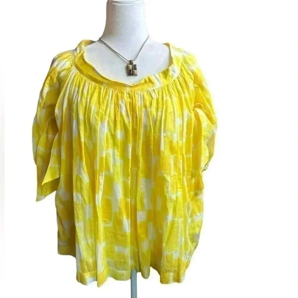 See By Chloe Yellow and White Scoop Neck Peasant Blouse